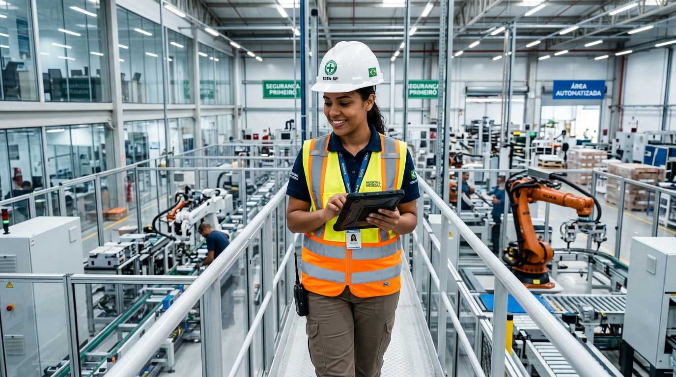 Engenheira de Segurança do Trabalho inspecionando planta industrial